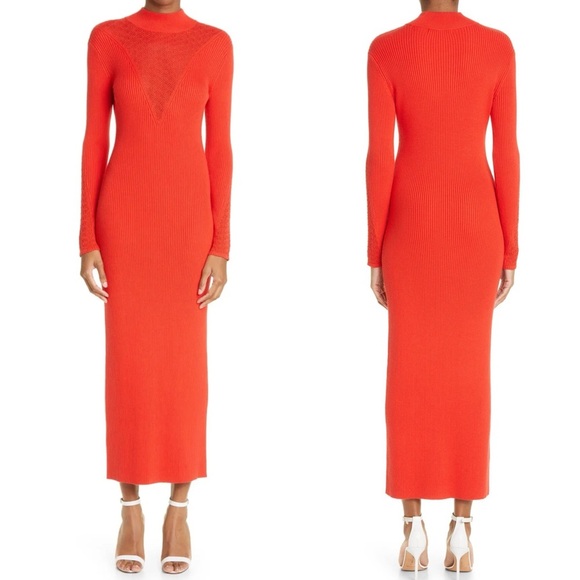 Lela Rose Mock Neck Rib Sweater Sheath Dress in Cherry Red